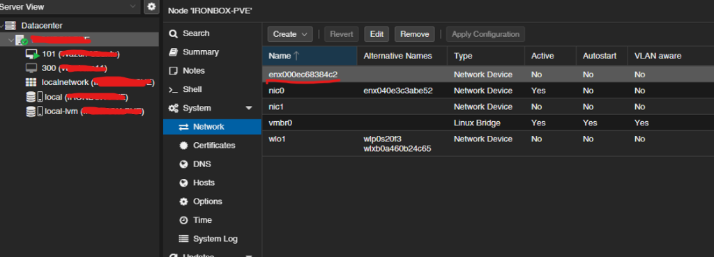 Interfaz de red USB listada en Proxmox